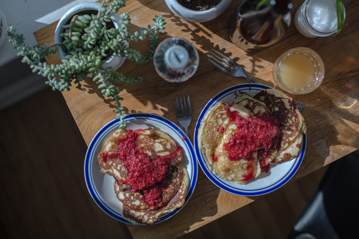 raspberry reduction on gluten free pancakes