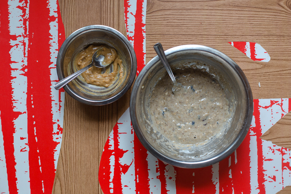 oatmeal pancake batter and peanut butter sauce